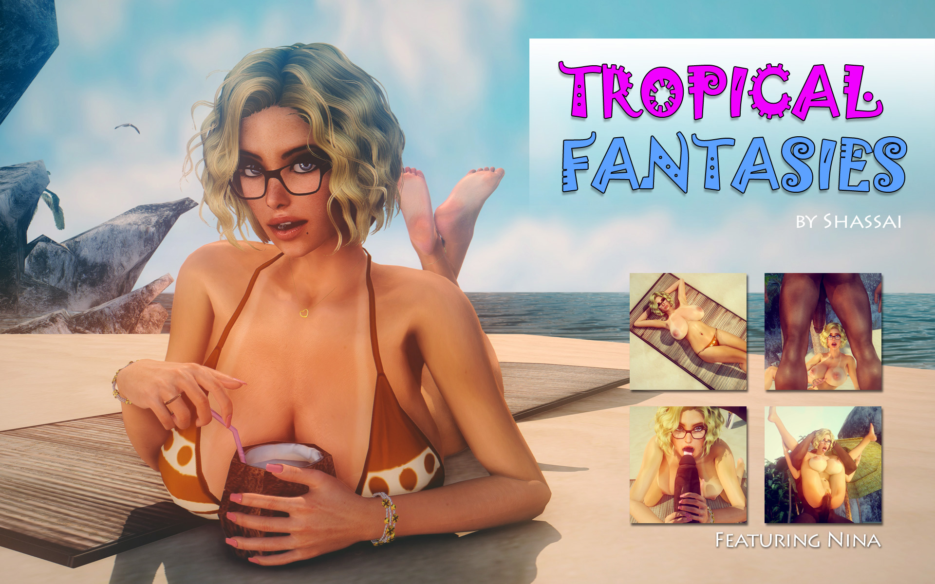 Sexy blonde babe with glasses and short hair has interracial sex on the beach in Tropical Fantasies Shassai 3D Porn Comic